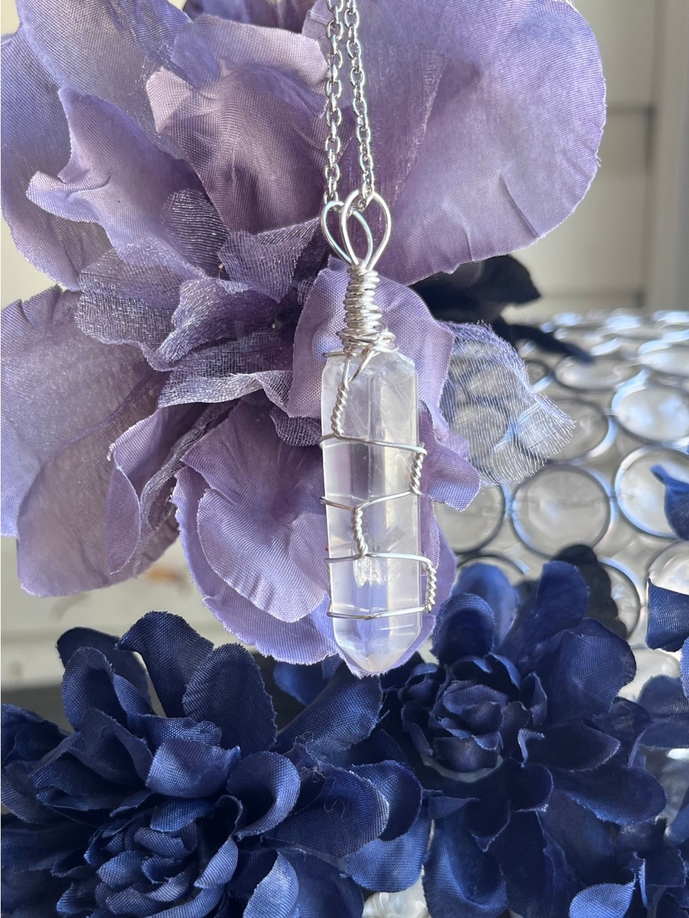 Handmade Silver Wire Wrapped Clear Crystal Pendant Necklace - Elegant Clear